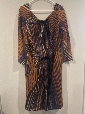 Alberta Ferretti Womens 100% Silk All Over Print Neutrals 3/4 Sleeve Dress SZ 12
